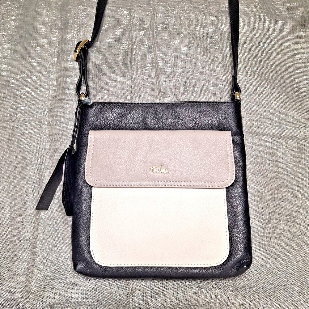 Tula England‎ Zip Top Crossbody Color Block Black White Gray New Pebbled Leather